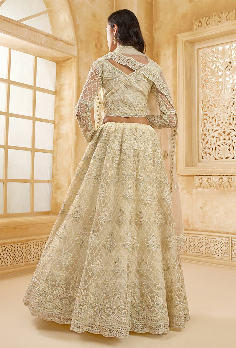 Cream Net Thread Embroidery Sangeet Designer Lehenga Choli