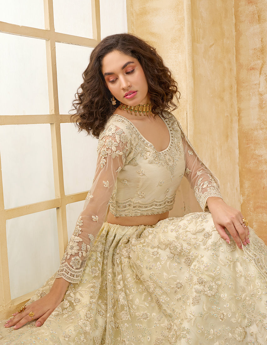 Cream Net Thread Embroidery Stone Work Lehenga Choli
