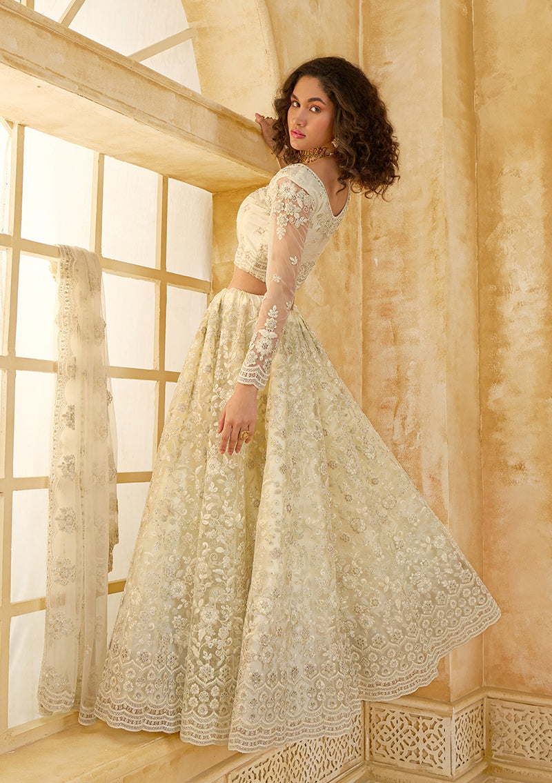 Cream Net Thread Embroidery Stone Work Lehenga Choli
