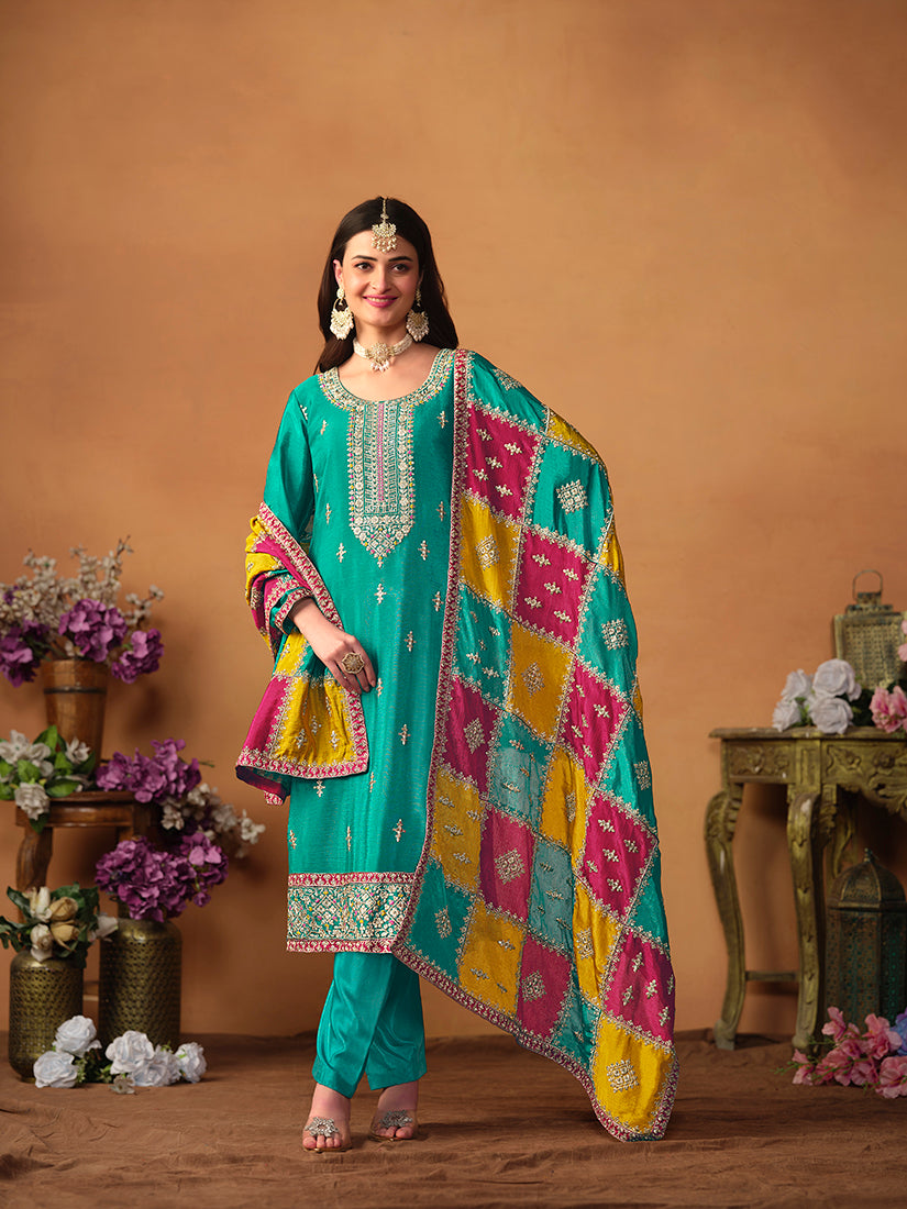 Turquoise Chinon Embroidered Designer Salwar Kameez