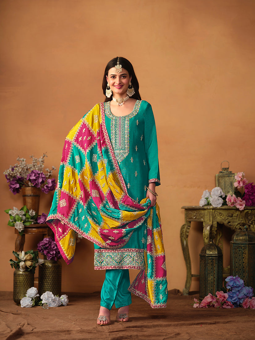 Turquoise Chinon Embroidered Designer Salwar Kameez