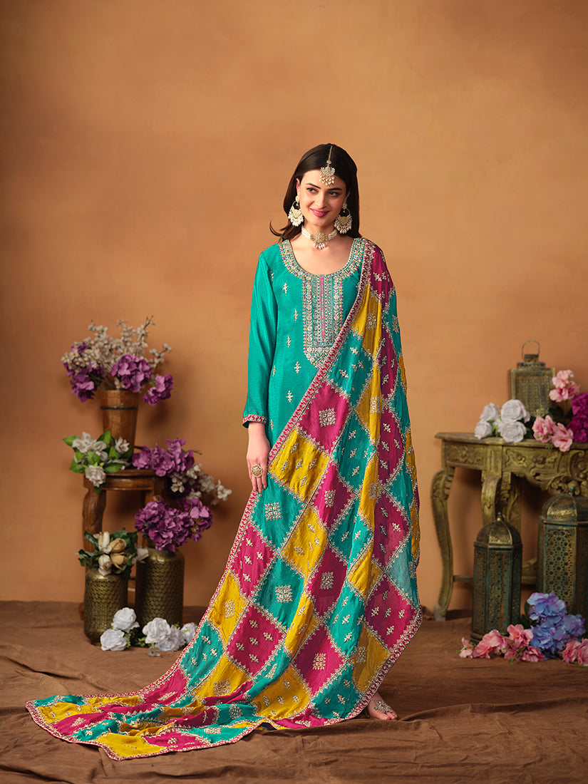 Turquoise Chinon Embroidered Designer Salwar Kameez