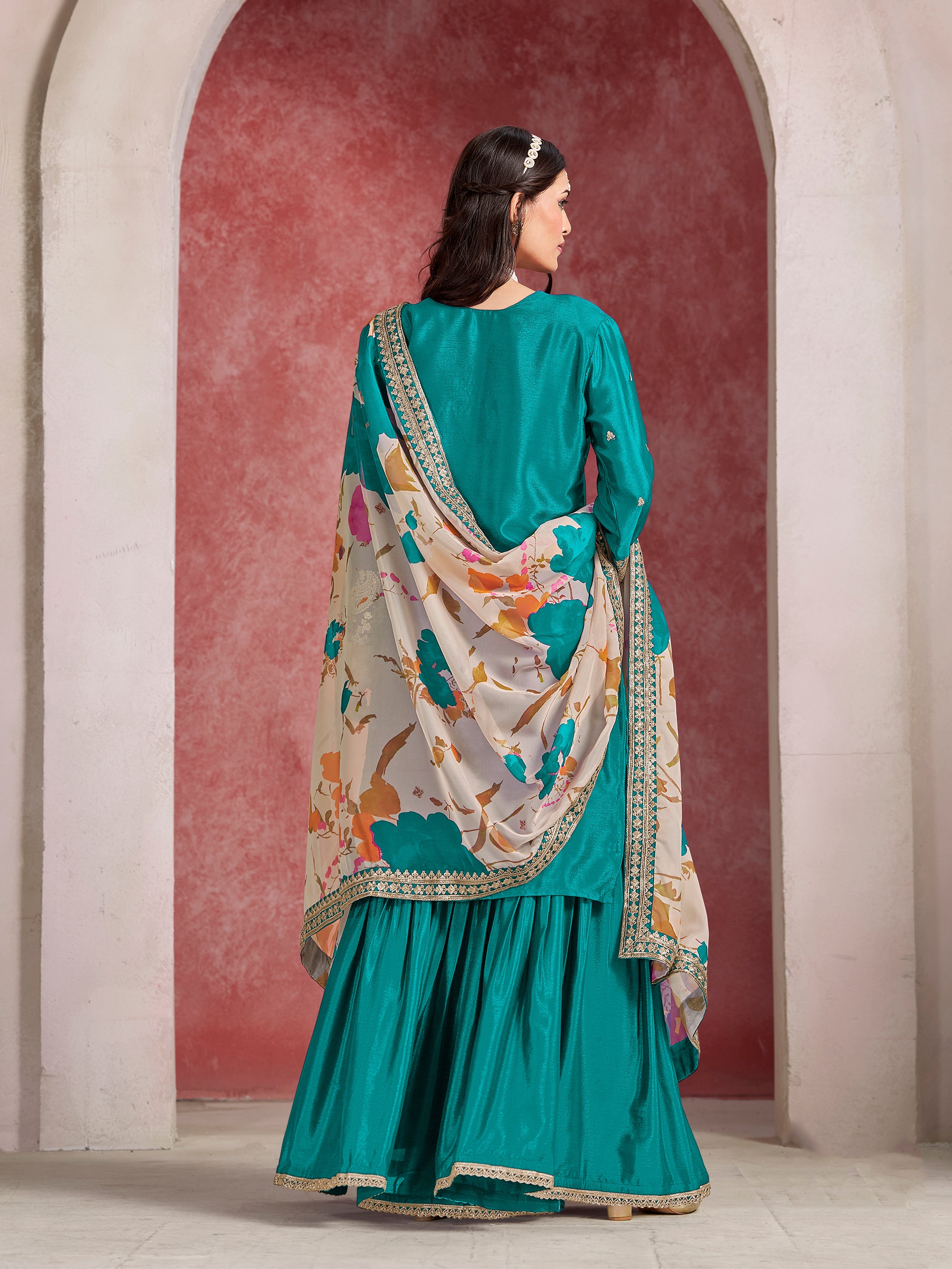 Chinon Silk Light Sea Green Embroidered Palazzo Readymade Salwar Suit