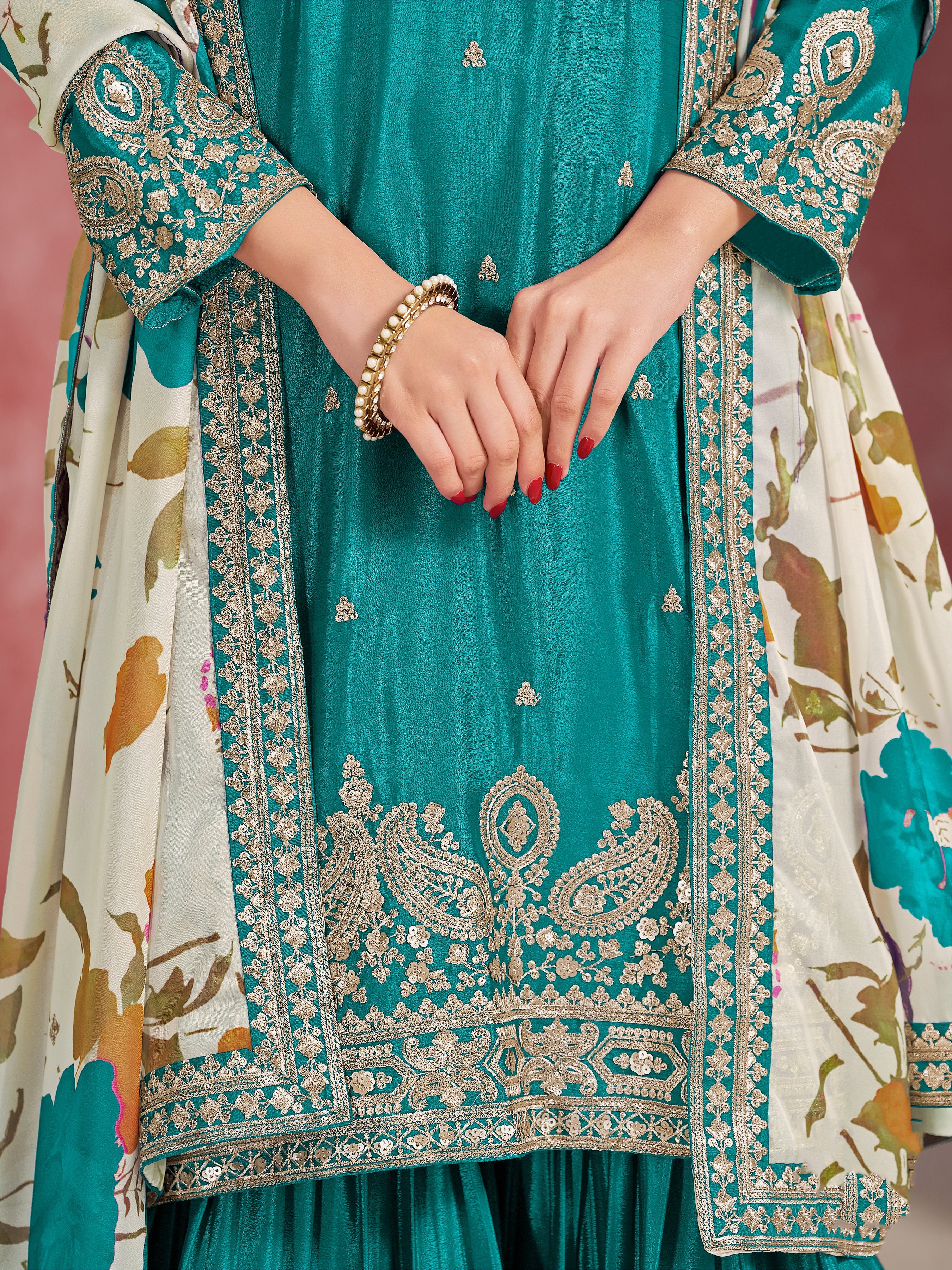 Chinon Silk Light Sea Green Embroidered Palazzo Readymade Salwar Suit