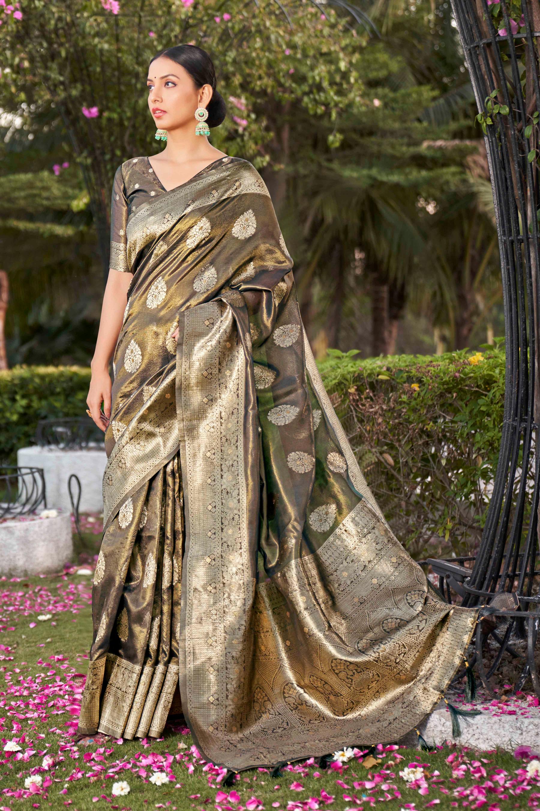 Coffee Brown Shimmer Silk Woven Fancy Saree - Monjolika Fashion