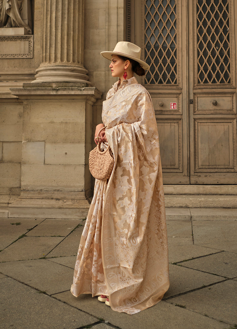 Beige Lucknowi Organza Woven Silk Contemporary Saree