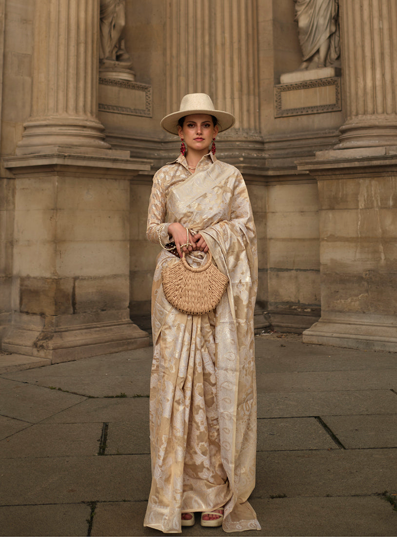 Beige Lucknowi Organza Woven Silk Contemporary Saree