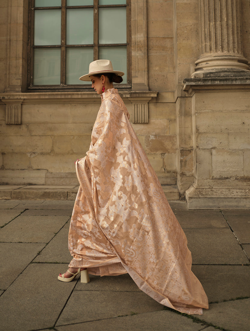 Beige Lucknowi Organza Woven Silk Contemporary Saree