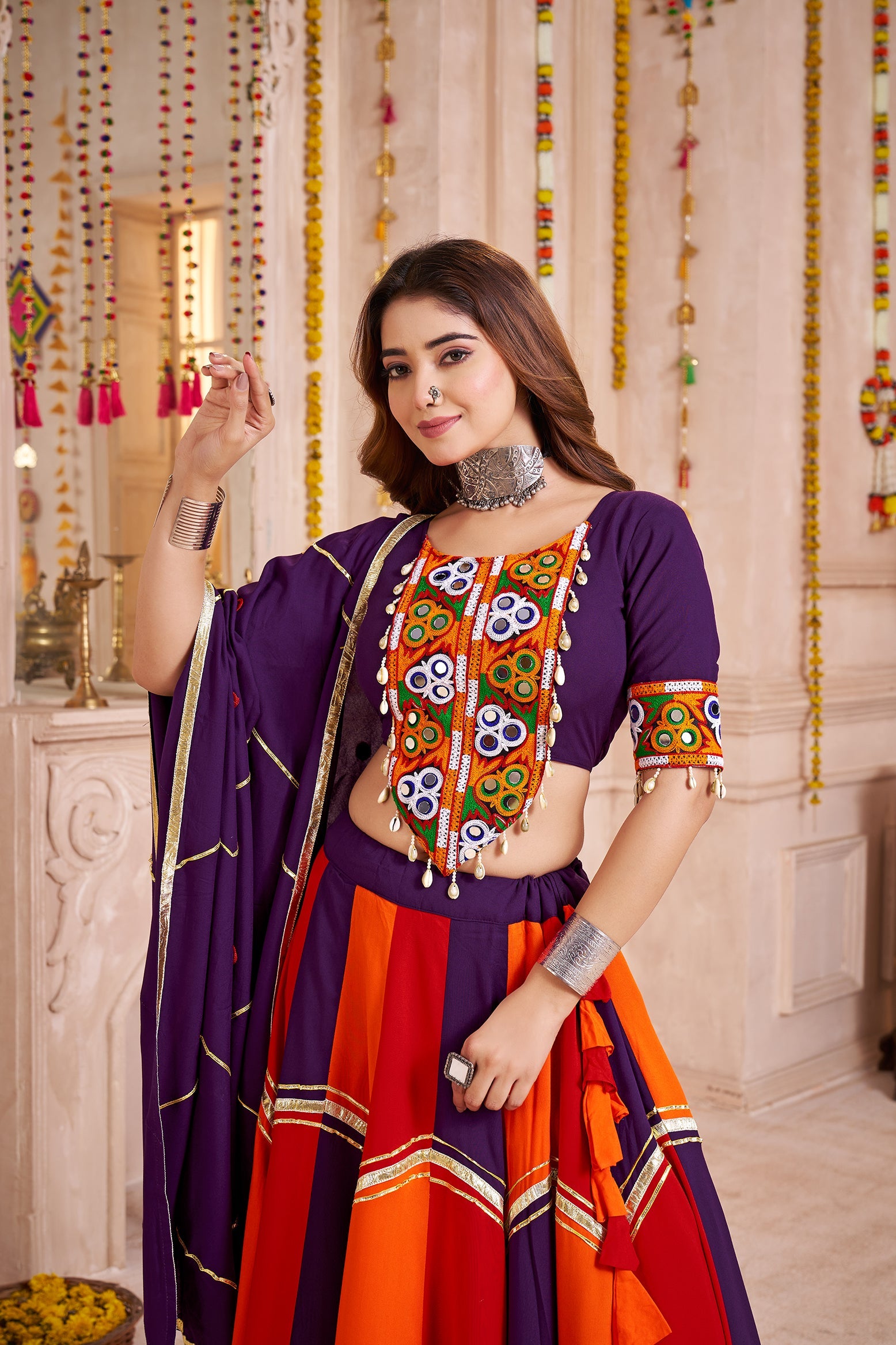 Colorful Viscose Cotton Navratri Lehenga with Thread, Mirror & Kodi Work