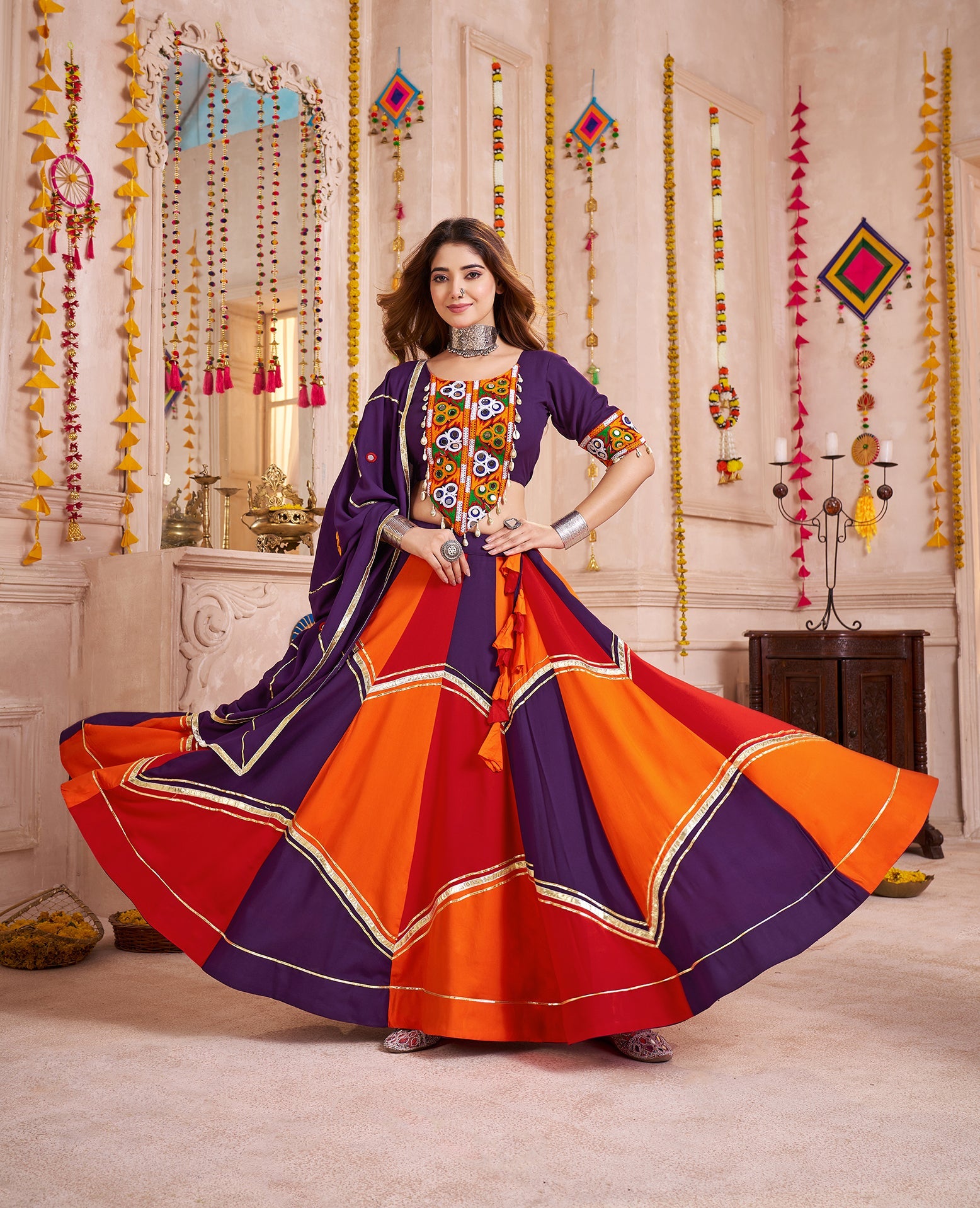 Colorful Viscose Cotton Navratri Lehenga with Thread, Mirror & Kodi Work