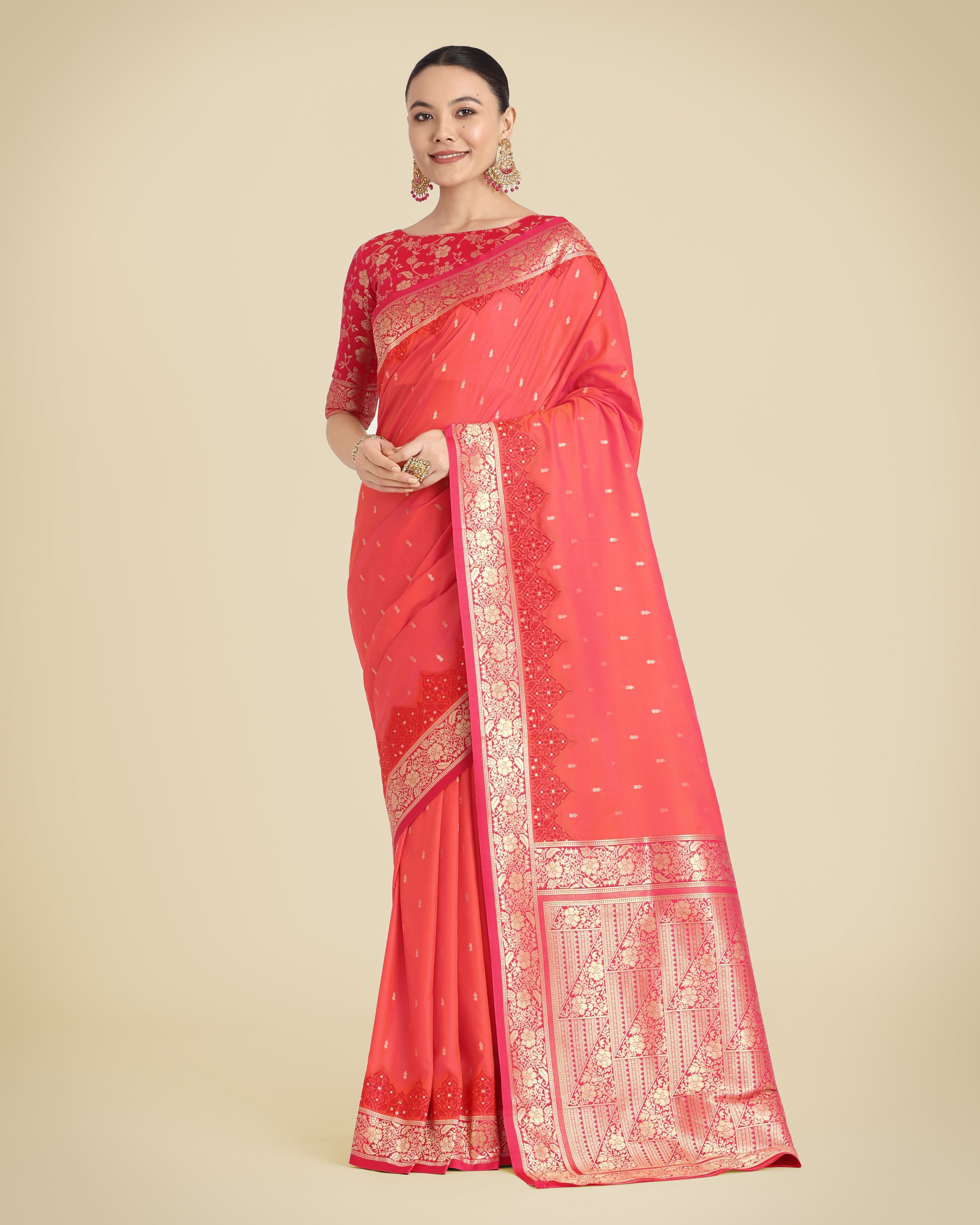 Coral Banarasi Soft Silk Butti & Zari Weave Tradition Saree