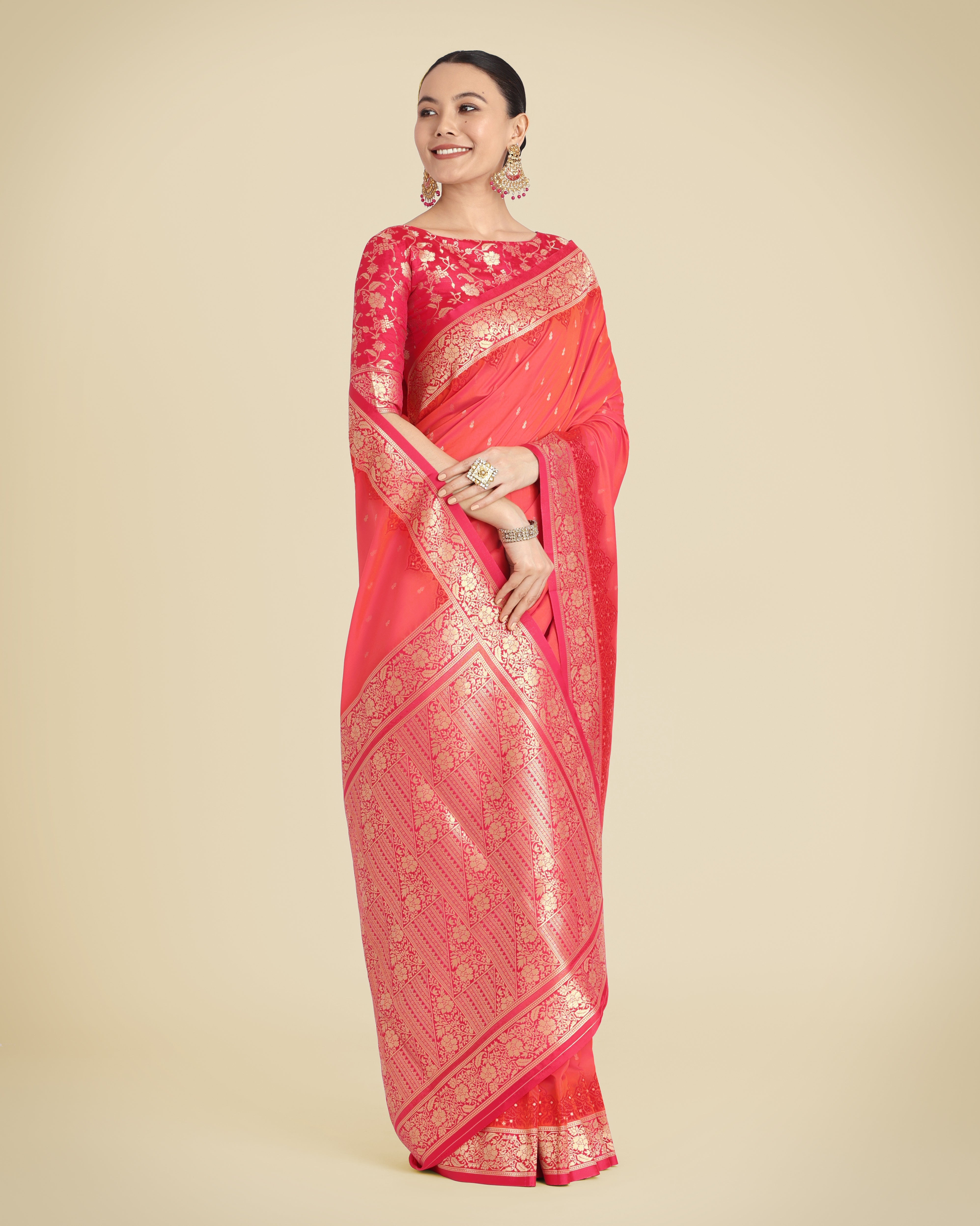 Coral Banarasi Soft Silk Butti & Zari Weave Tradition Saree