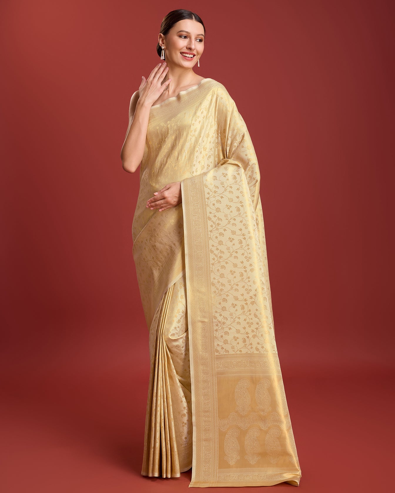 Beige Kanjivaram Silk Zari Woven Traditional Saree - Monjolika Fashion