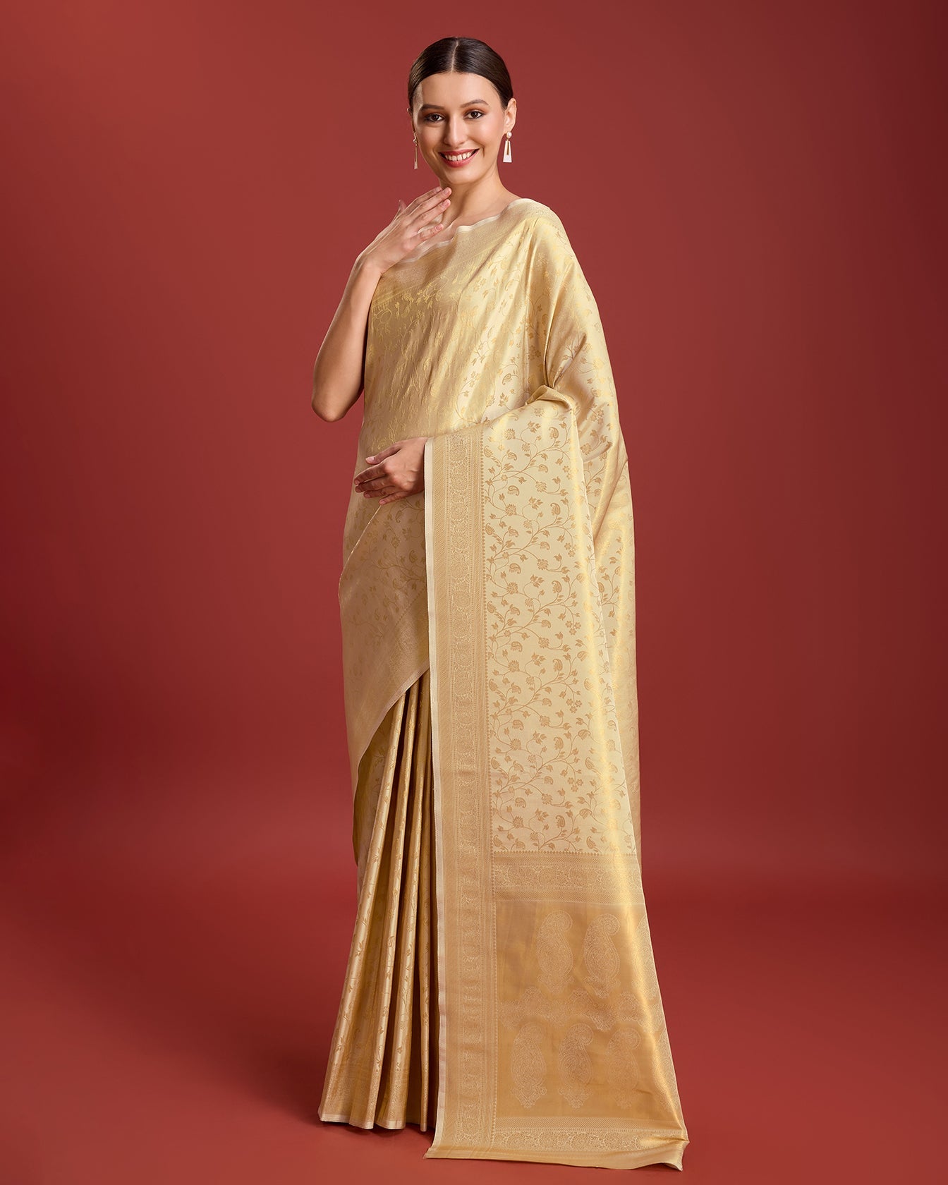 Beige Kanjivaram Silk Zari Woven Traditional Saree - Monjolika Fashion