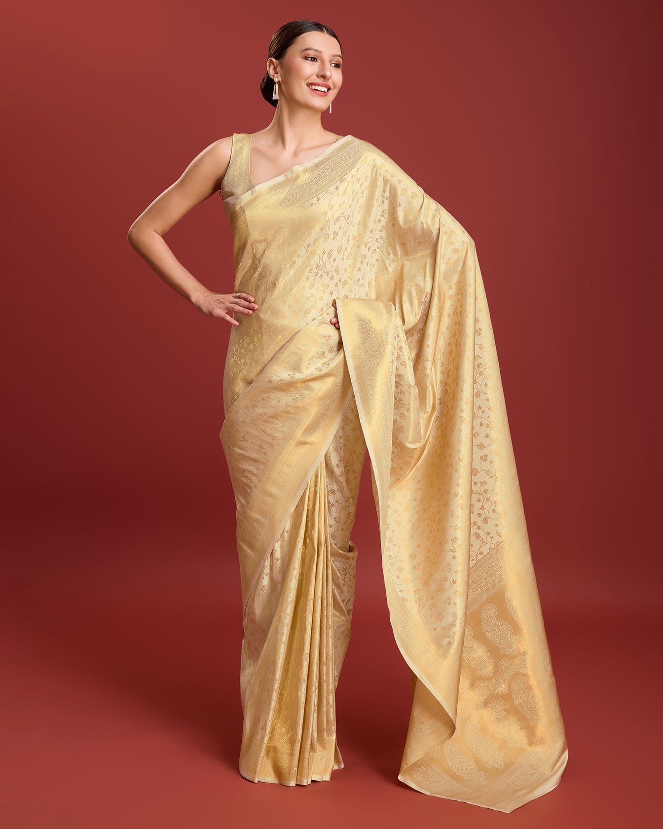 Beige Kanjivaram Silk Zari Woven Traditional Saree - Monjolika Fashion