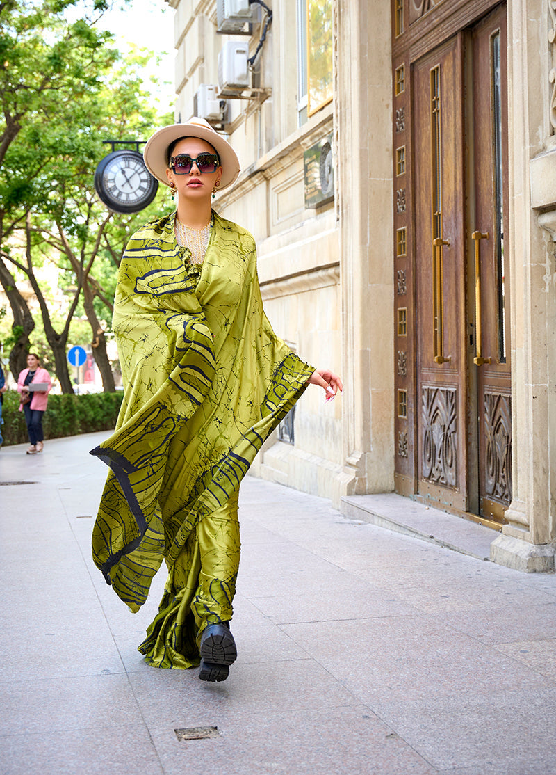 Lime Green Satin Silk Saree with Vibrant Digital Prints