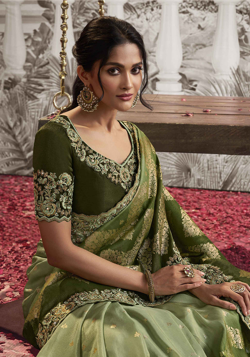 Light Green And Mehendi Dola Viscose Silk Embroidered Sequins Work Saree