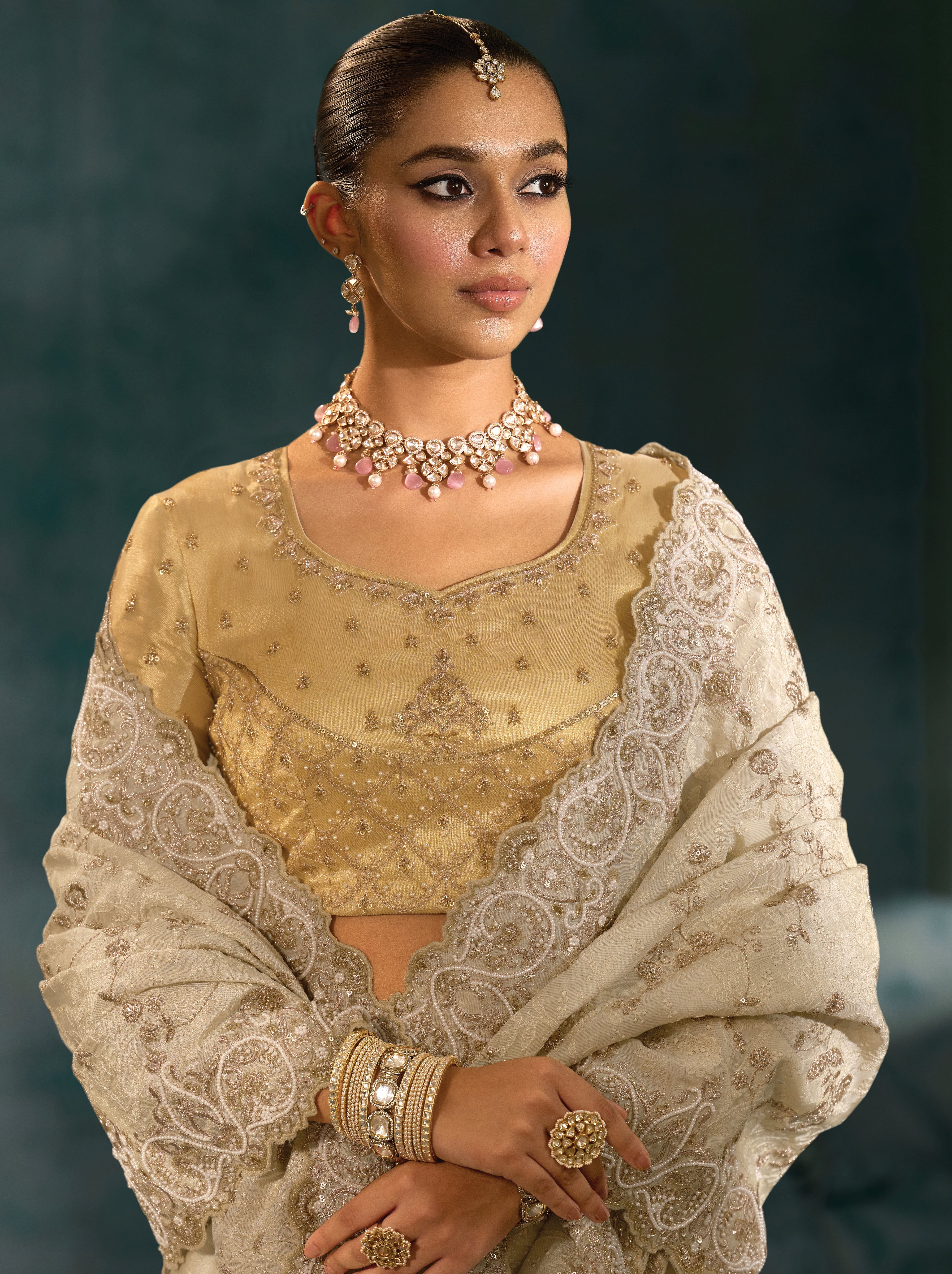 Cream Banarasi Silk Blend Saree With Lakhanvi and Zarkan Work