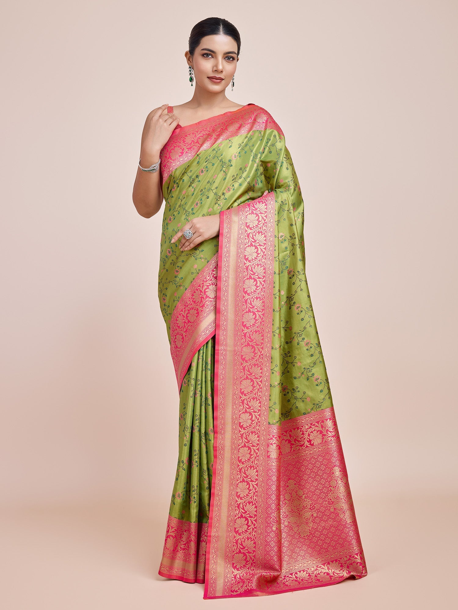 Parrot Green Banarasi Tissue Silk Zari Woven Border Saree