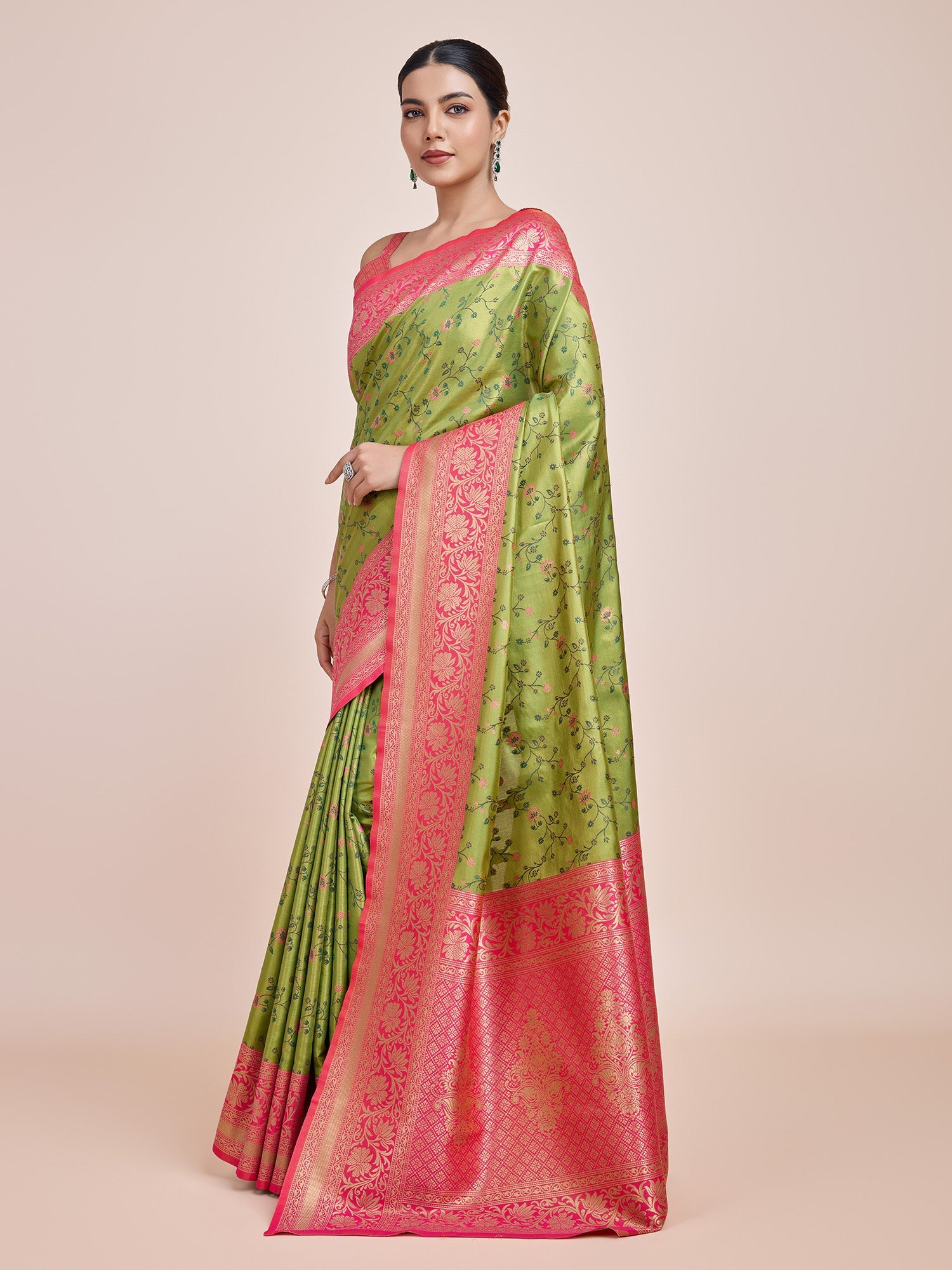 Parrot Green Banarasi Tissue Silk Zari Woven Border Saree