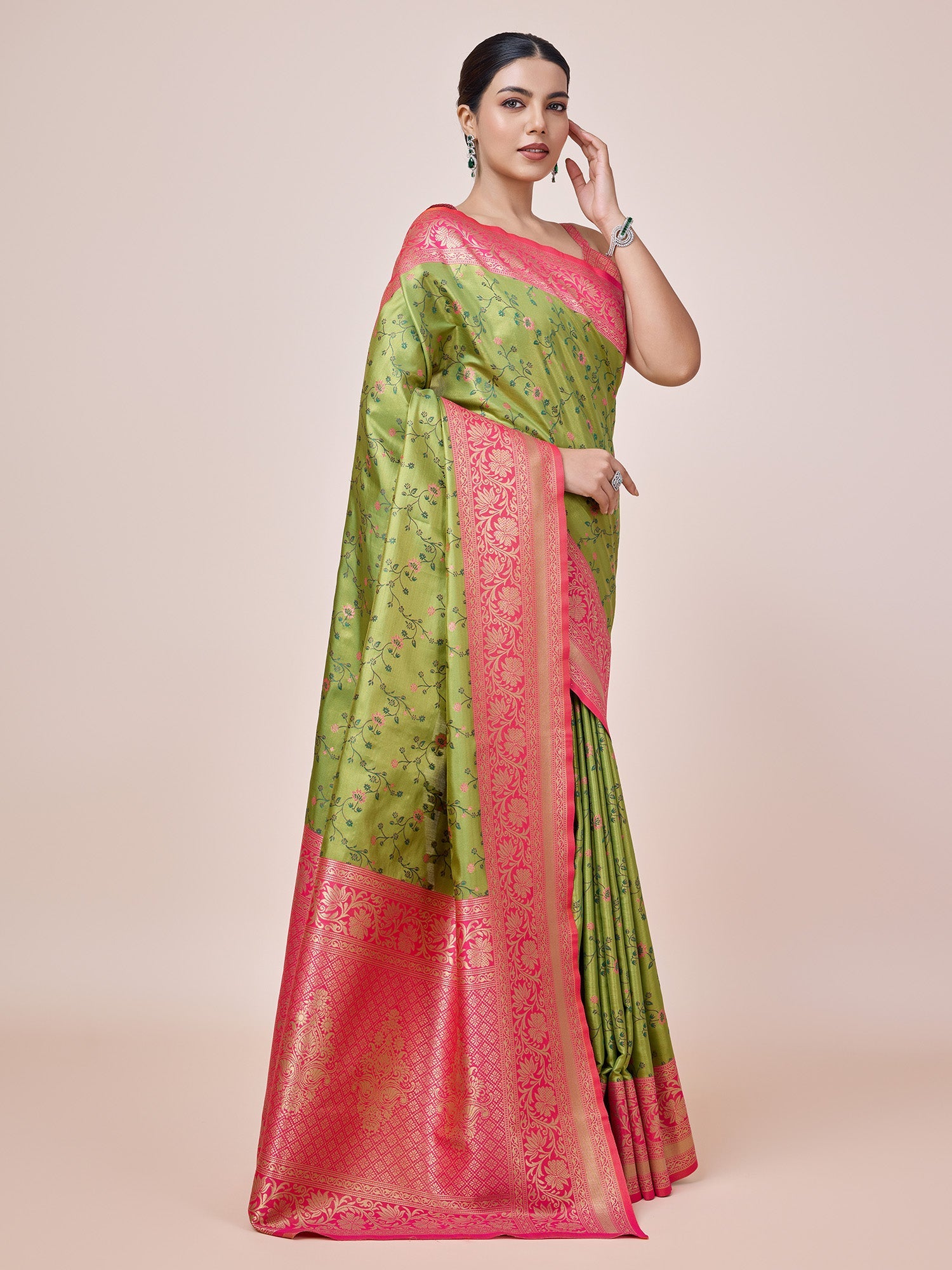 Parrot Green Banarasi Tissue Silk Zari Woven Border Saree