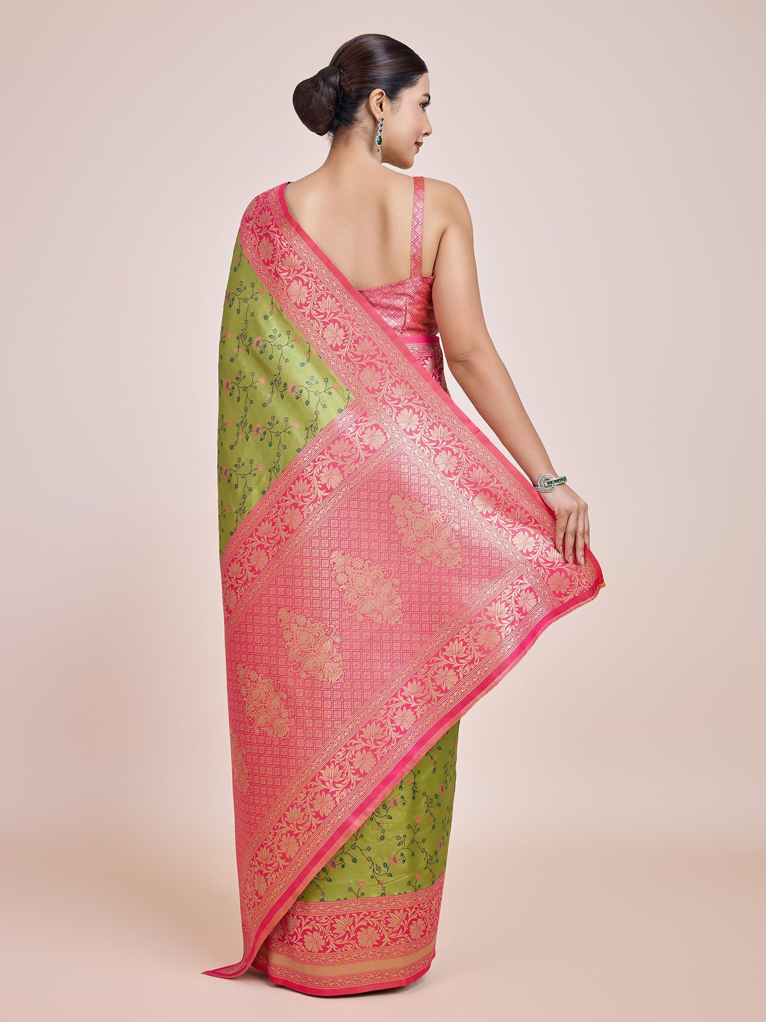 Parrot Green Banarasi Tissue Silk Zari Woven Border Saree
