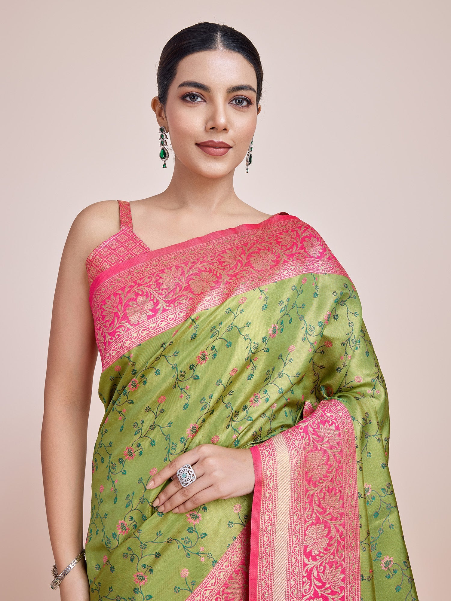 Parrot Green Banarasi Tissue Silk Zari Woven Border Saree