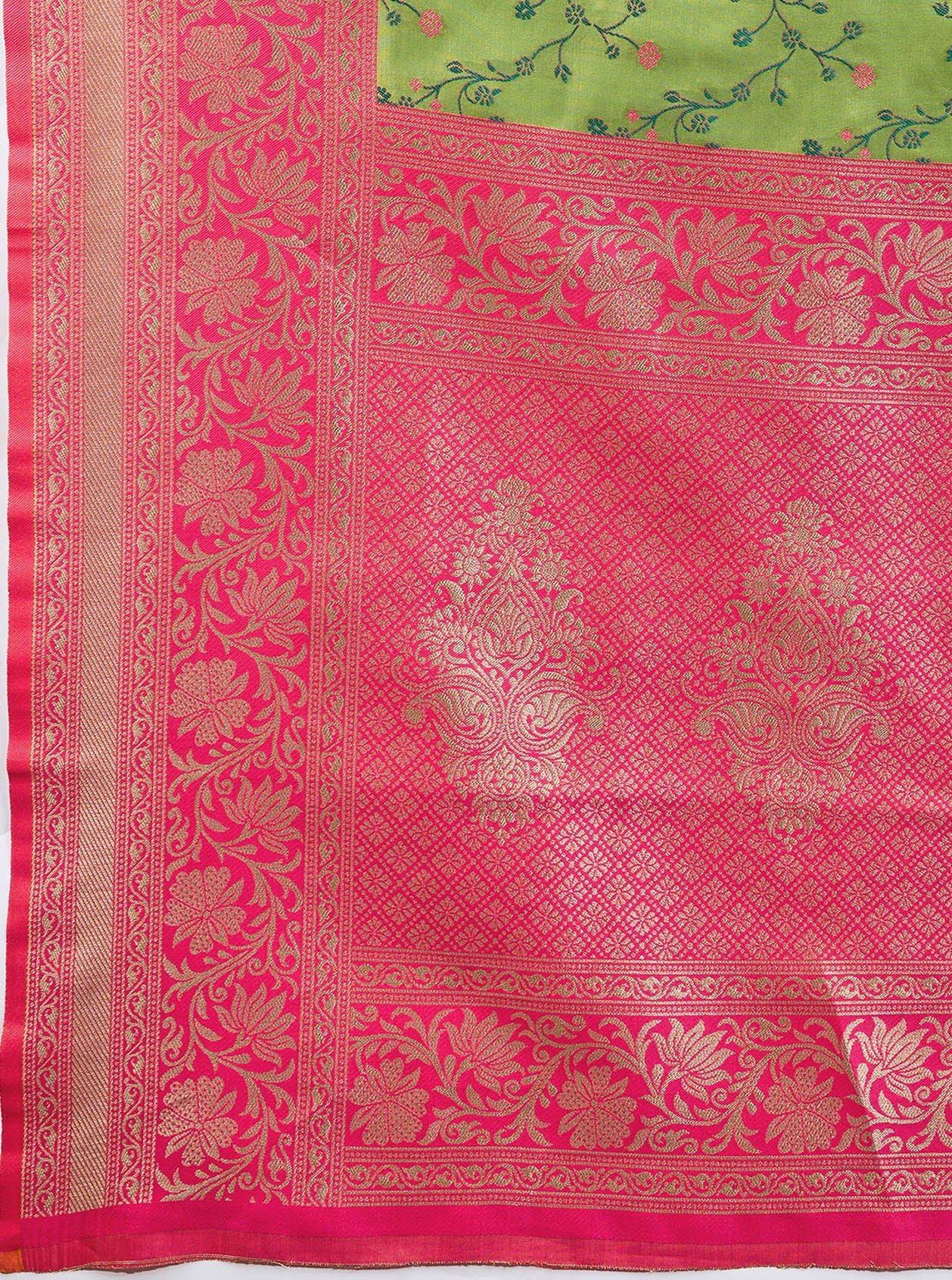 Parrot Green Banarasi Tissue Silk Zari Woven Border Saree
