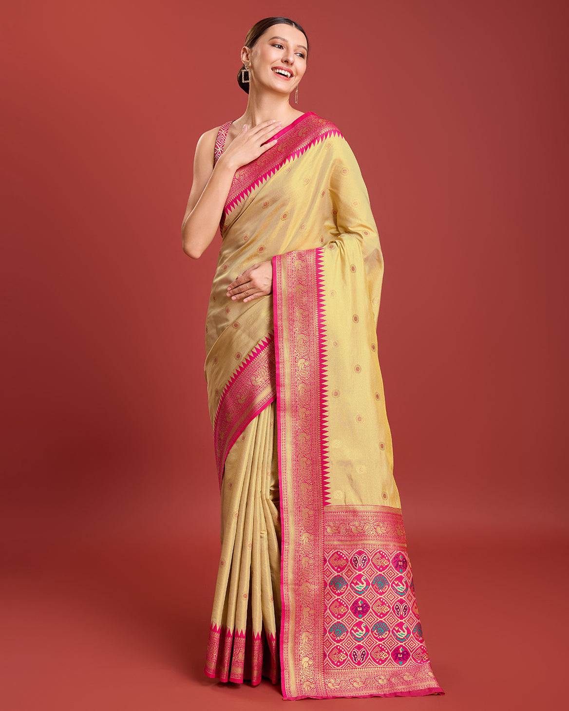 Parrot green Kanjivaram Silk Patola Printed Designer Saree - Monjolika Fashion