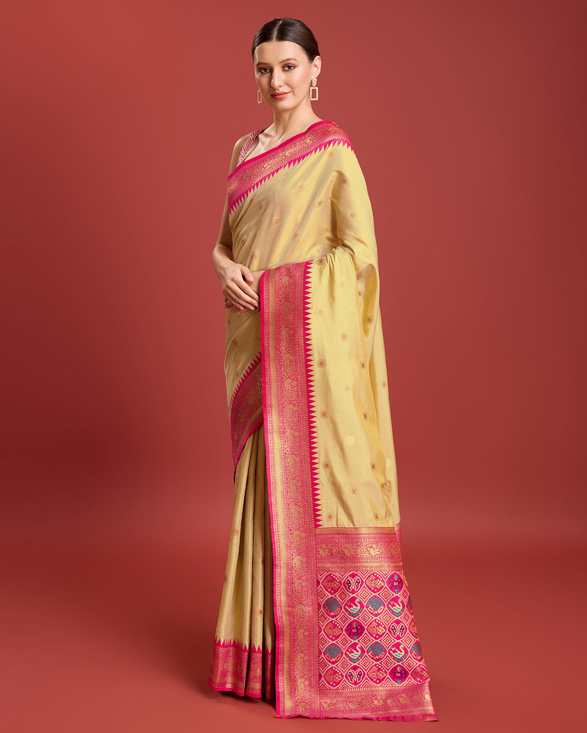 Parrot green Kanjivaram Silk Patola Printed Designer Saree - Monjolika Fashion