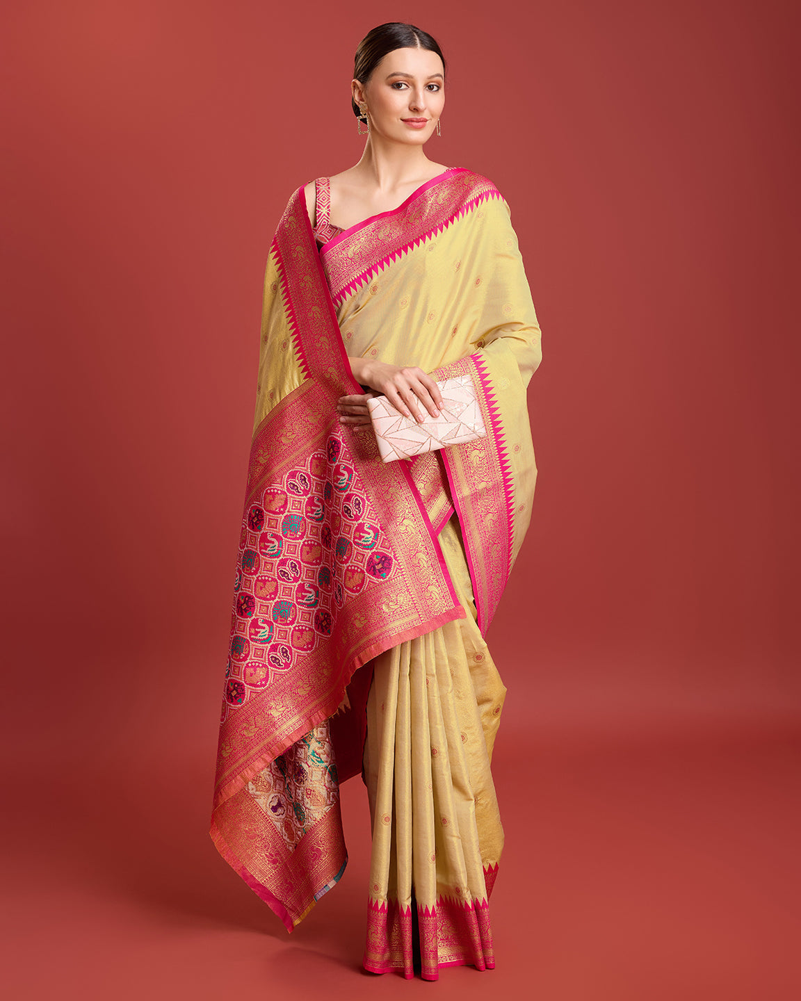 Parrot green Kanjivaram Silk Patola Printed Designer Saree - Monjolika Fashion