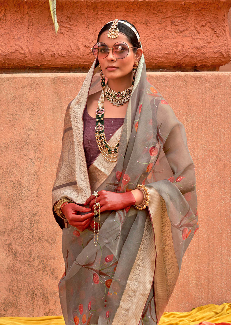 Grey Organza Digital Print Saree