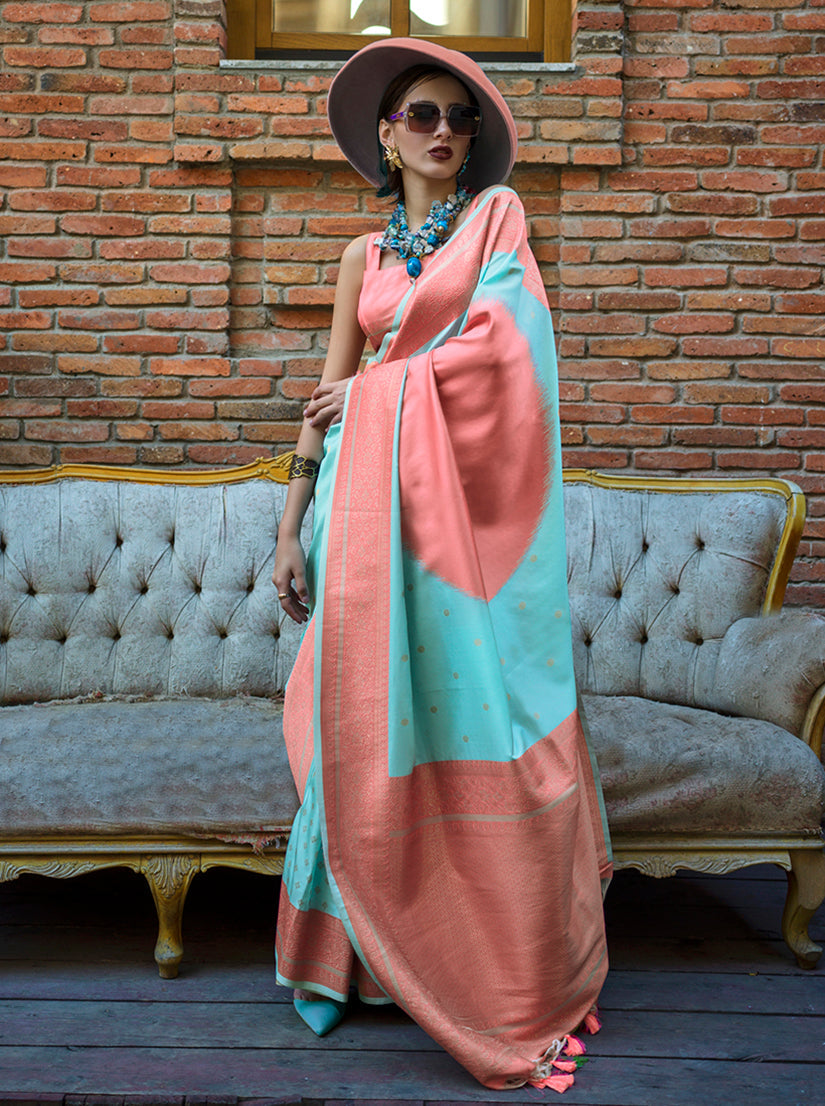 Aqua Blue & Peach Zari Woven Soft Silk Saree For Festival