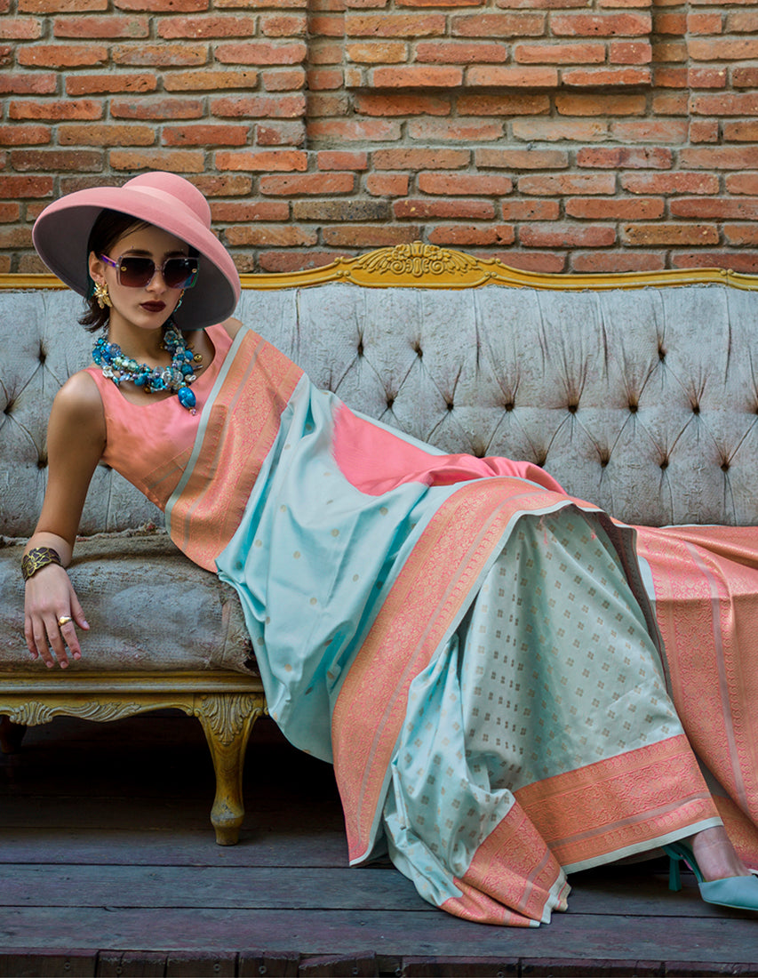 Aqua Blue & Peach Zari Woven Soft Silk Saree For Festival