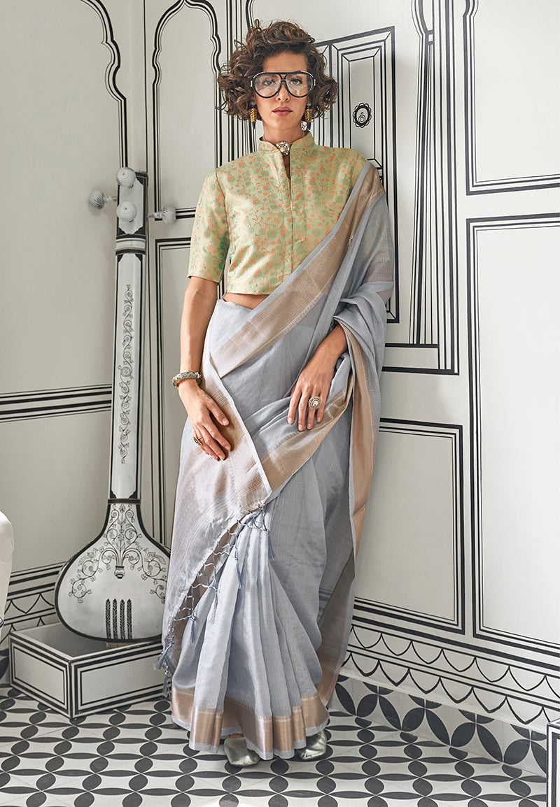Gray Plain Chiffon Saree with a Classy Sheen