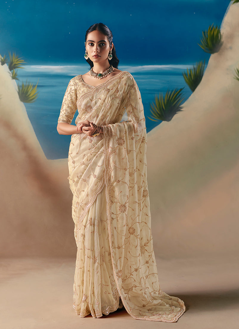 Cream Premium Fancy Fabric With Designer Embroidery Sequence Work Saree