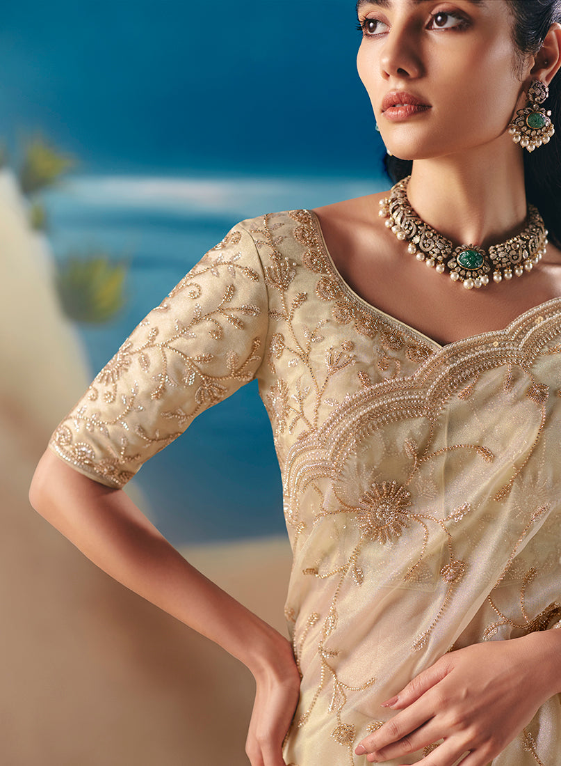 Cream Premium Fancy Fabric With Designer Embroidery Sequence Work Saree