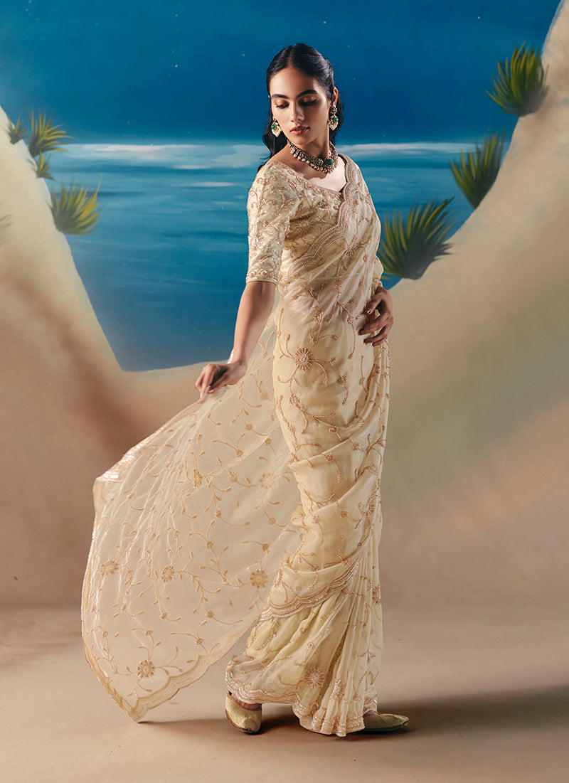Cream Premium Fancy Fabric With Designer Embroidery Sequence Work Saree