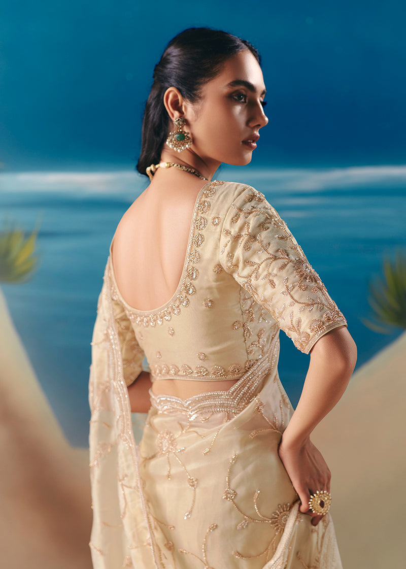 Cream Premium Fancy Fabric With Designer Embroidery Sequence Work Saree