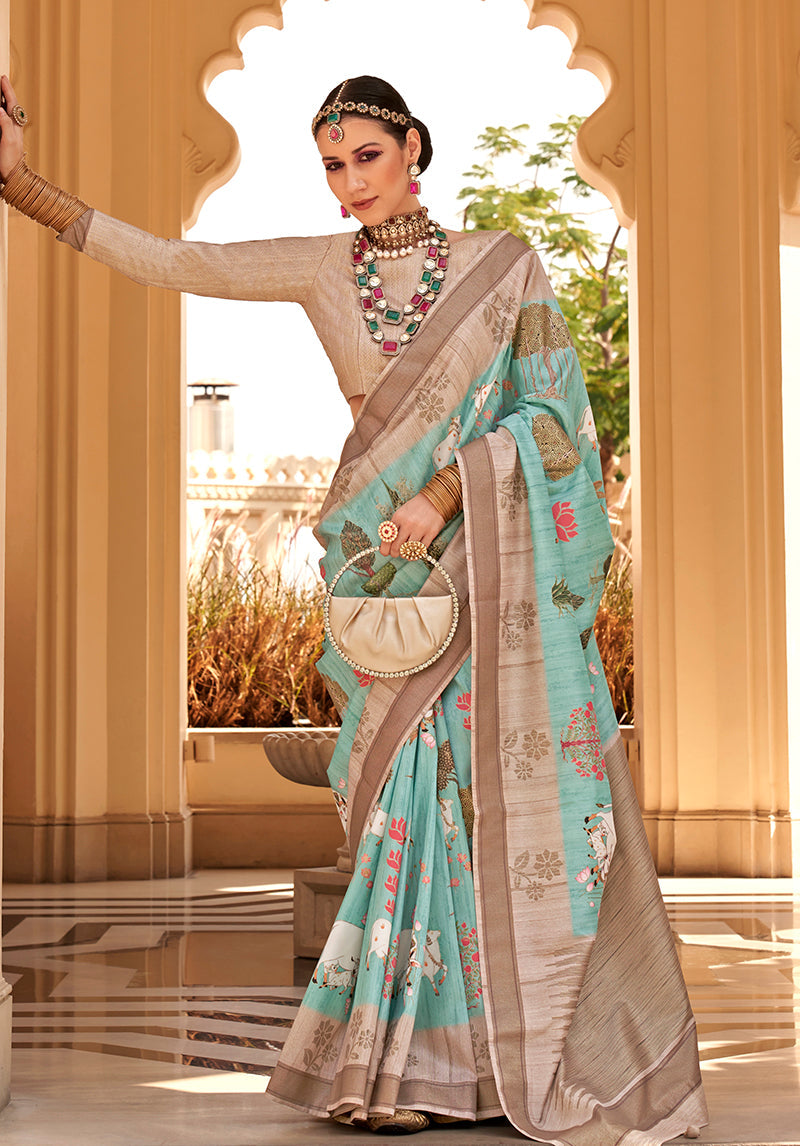 Aqua Blue Raw Silk Printed Saree