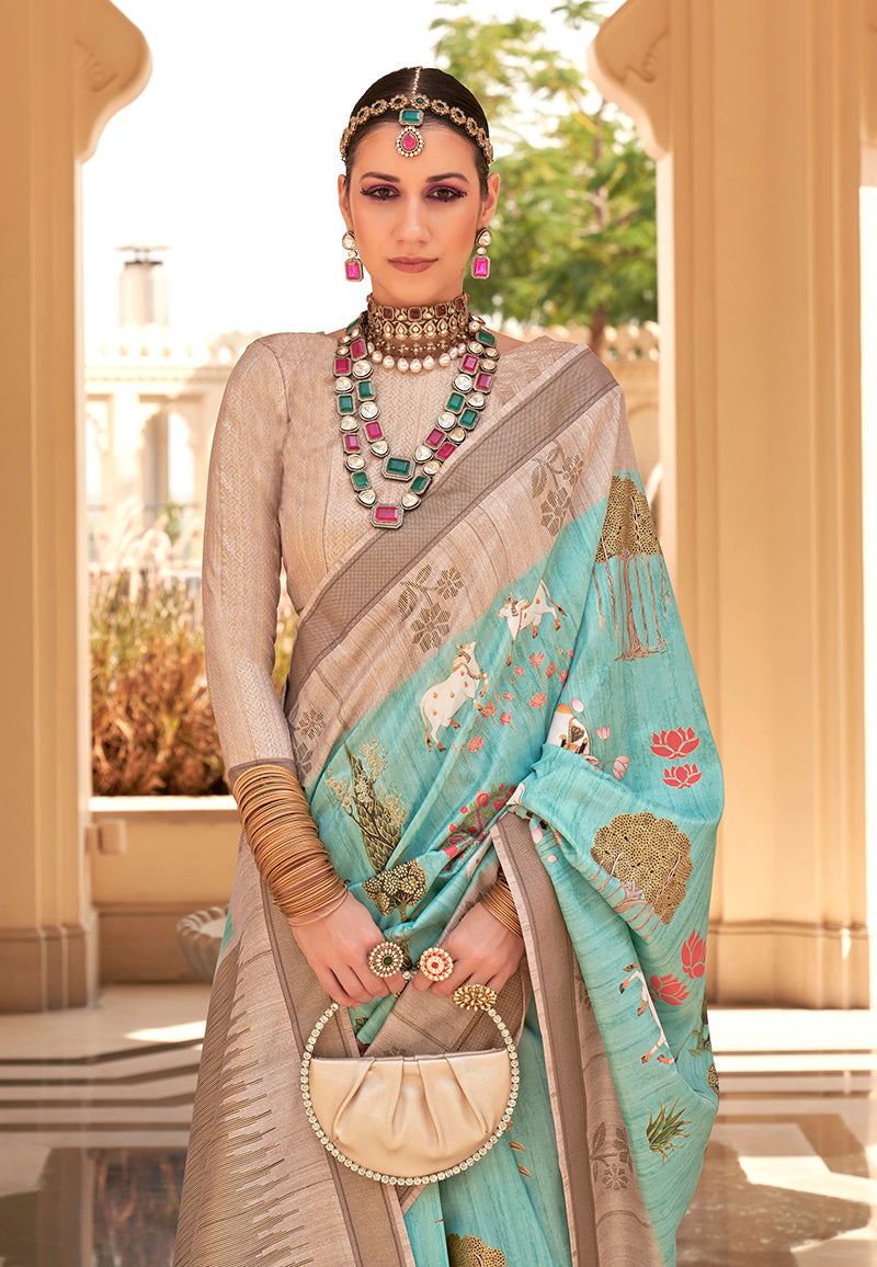 Aqua Blue Raw Silk Printed Saree