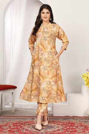 Beige Chanderi Floral Printed Designer Kurti With Pant