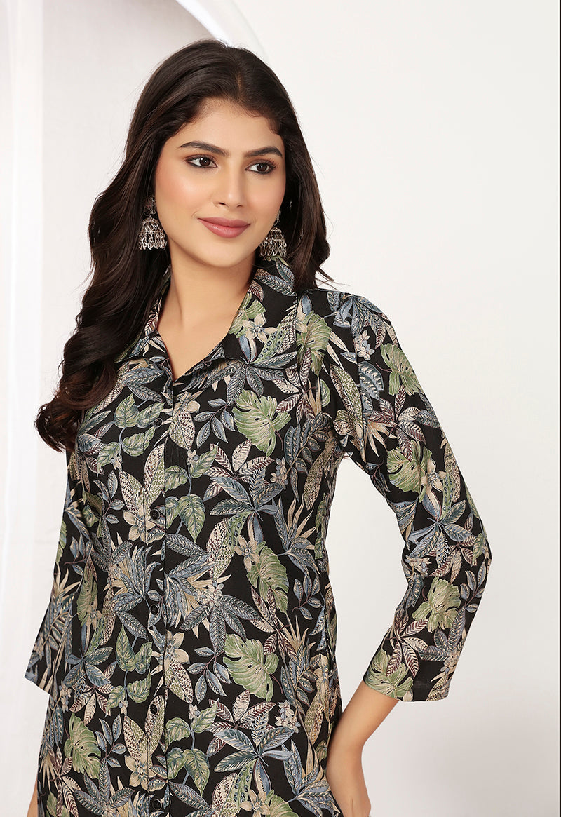 Black Chanderi Floral Printed Designer Kurti With Pant