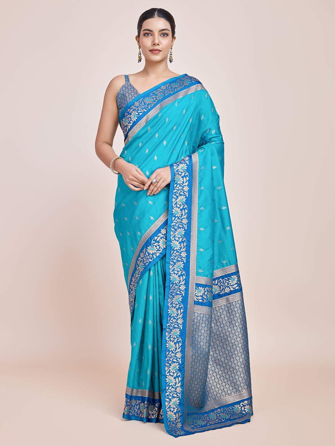 Cyan Banarasi Satin Silk Woven Classic Saree - Monjolika Fashion