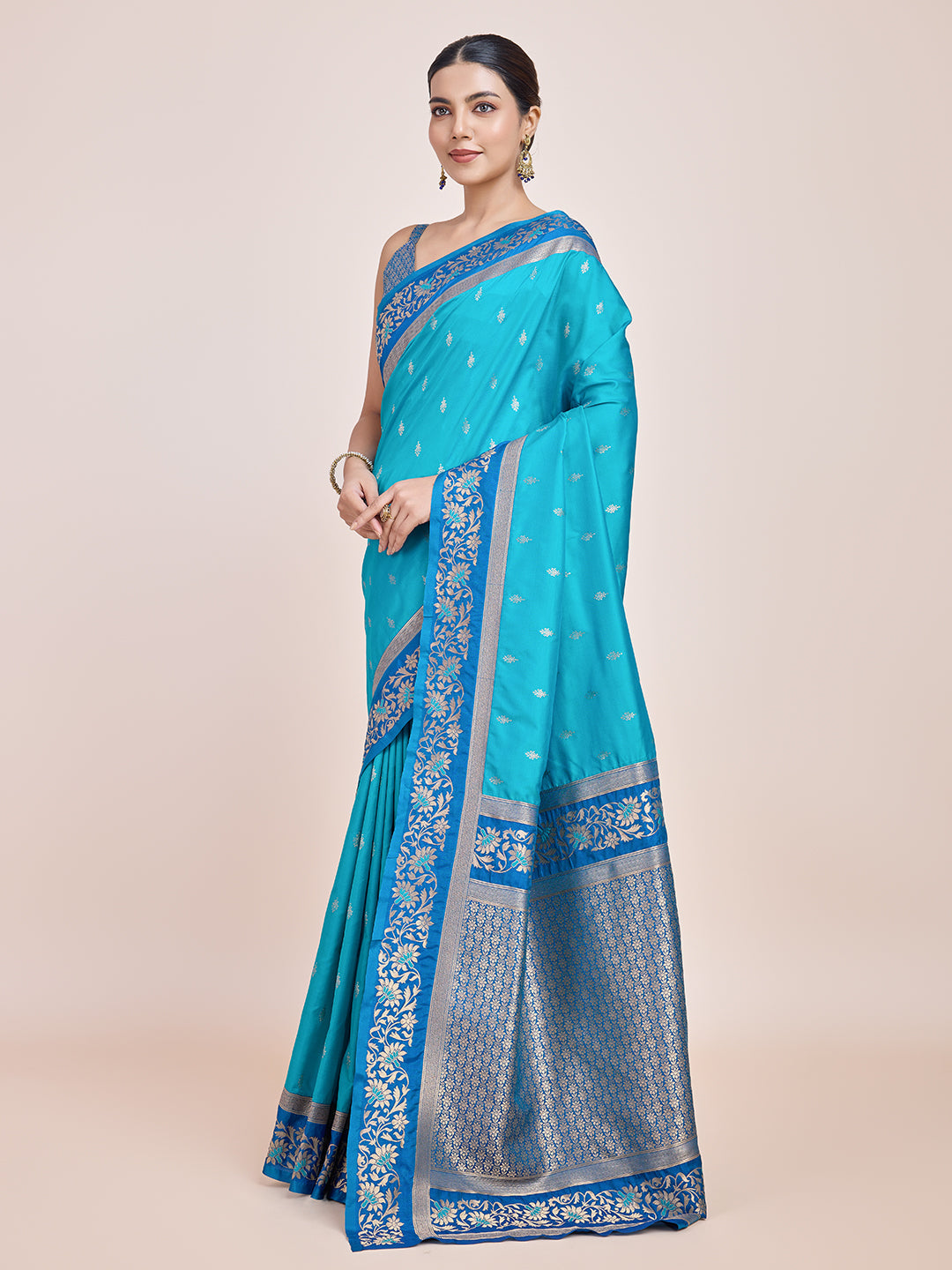 Cyan Banarasi Satin Silk Woven Classic Saree - Monjolika Fashion