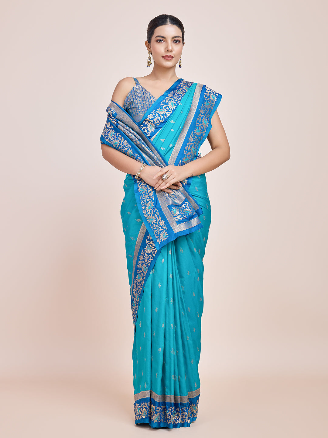 Cyan Banarasi Satin Silk Woven Classic Saree - Monjolika Fashion