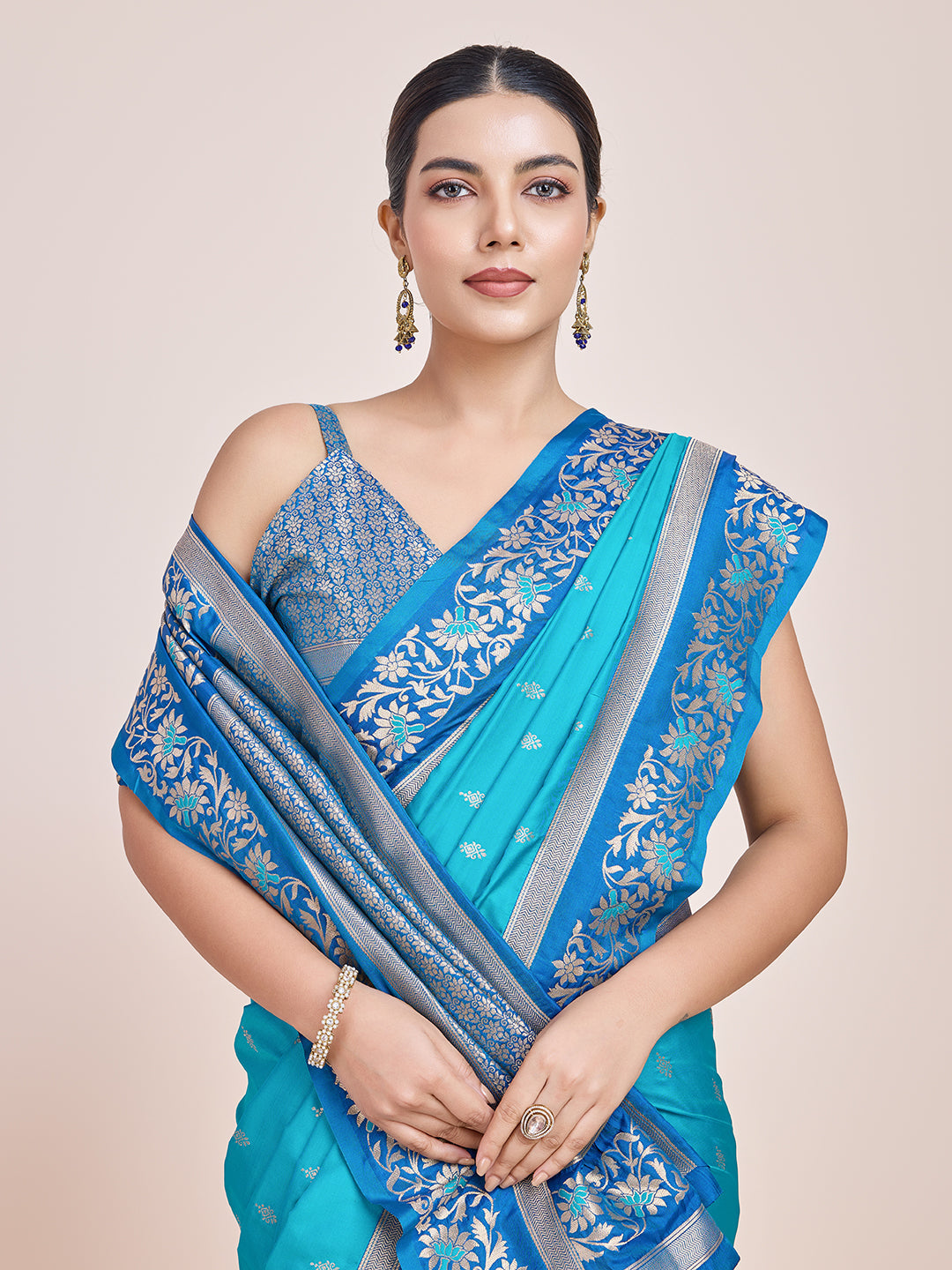 Cyan Banarasi Satin Silk Woven Classic Saree