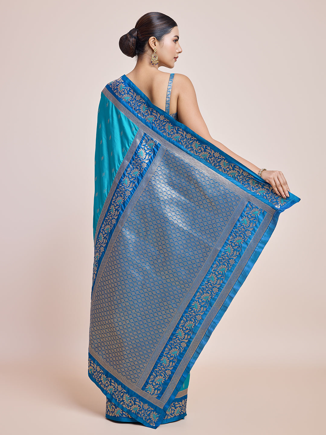 Cyan Banarasi Satin Silk Woven Classic Saree - Monjolika Fashion