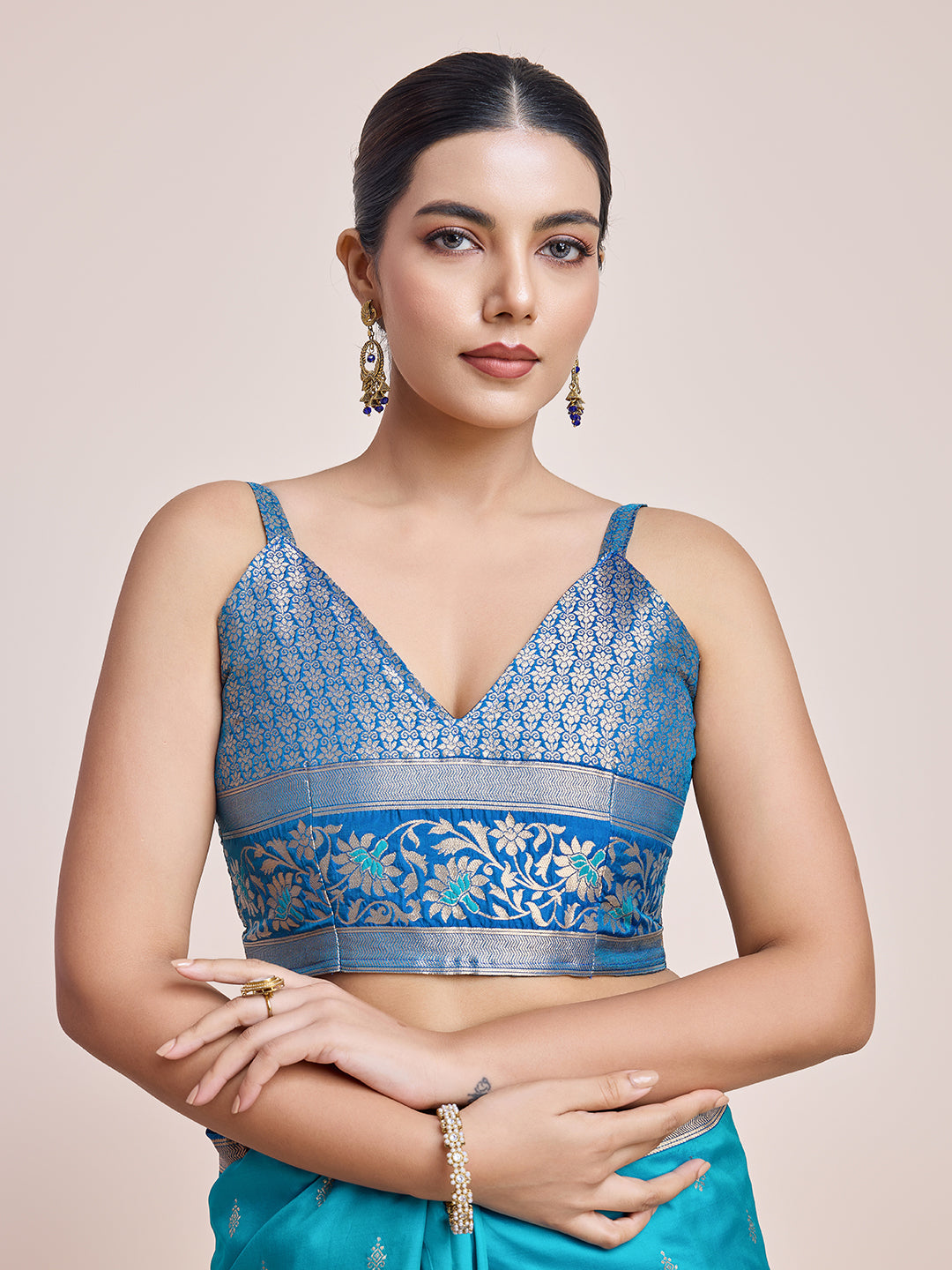Cyan Banarasi Satin Silk Woven Classic Saree - Monjolika Fashion