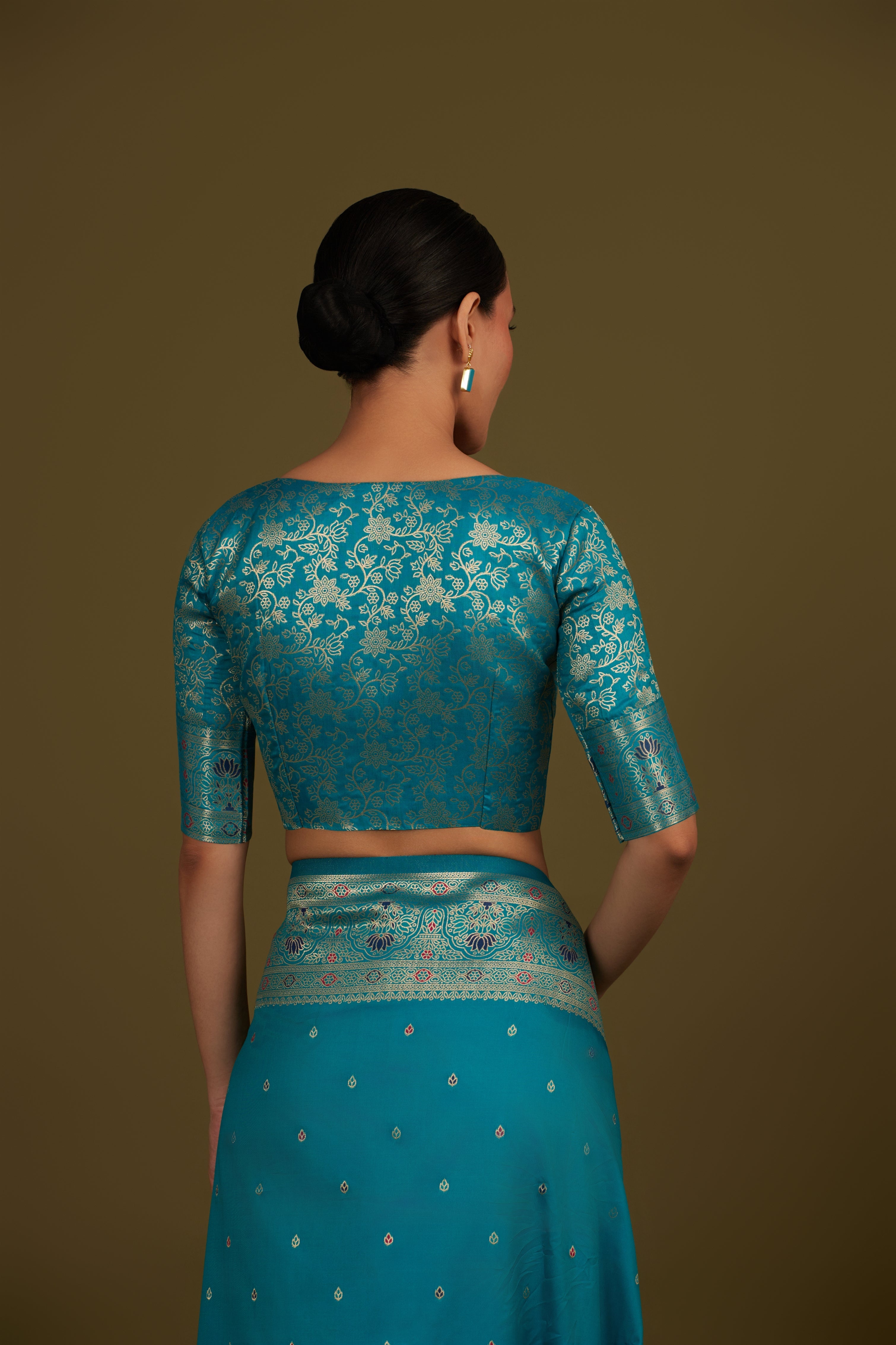 Cyan Banarasi Silk Blend Brocade Motifs Zari Woven Saree